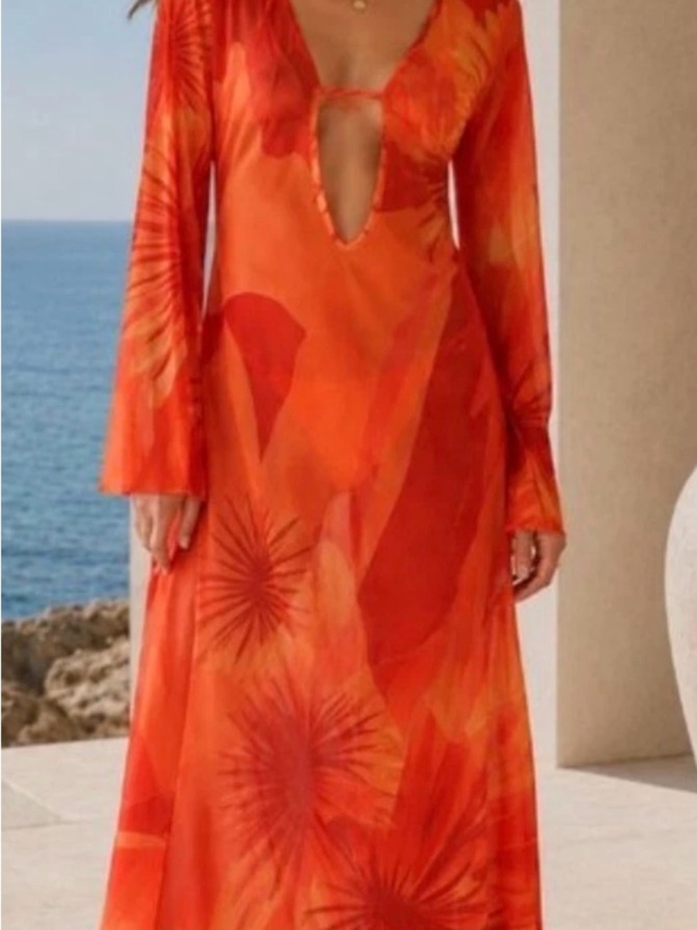 Caroline Constas Orange Floral Maxi Dress with Deep V Tie Front